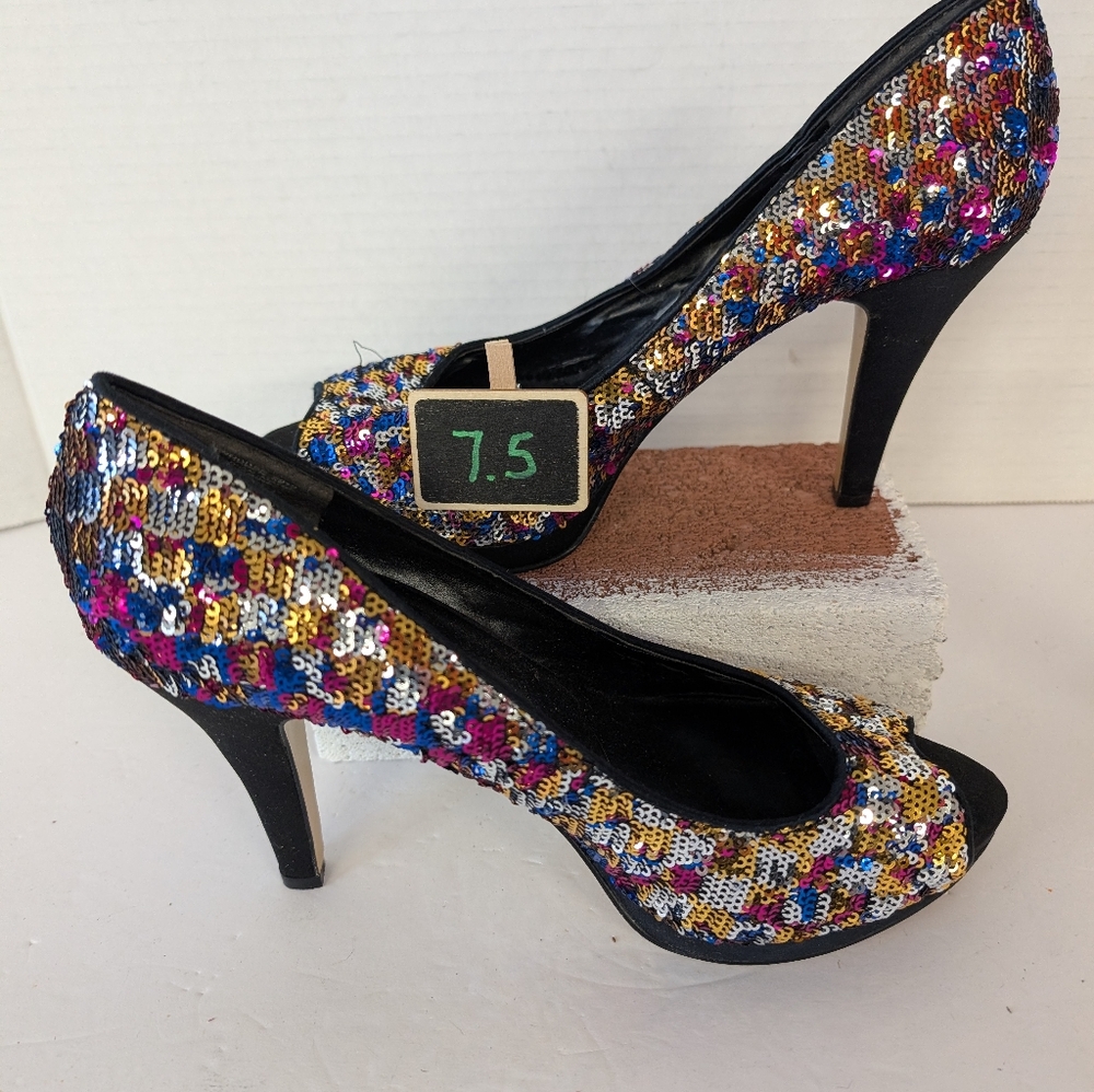 Nine West Shoes Sequin Platform Peep-Toe Heels - Multicolor Never Worn Sz7.5